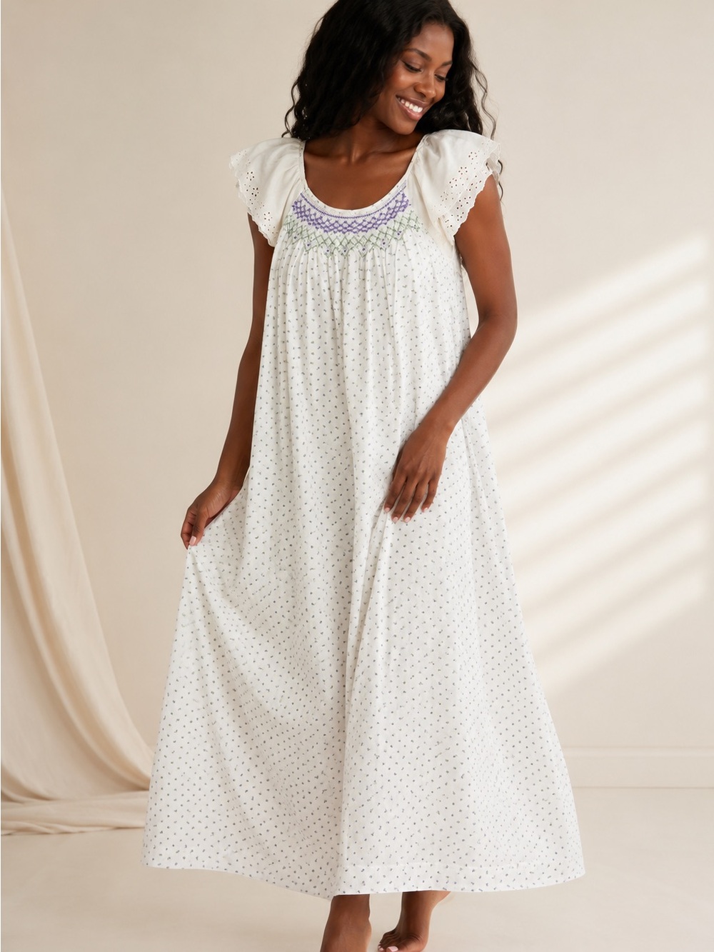 Vintage White Eyelet Maxi Nightgown Lavender Embroidered Yoke Grammycore